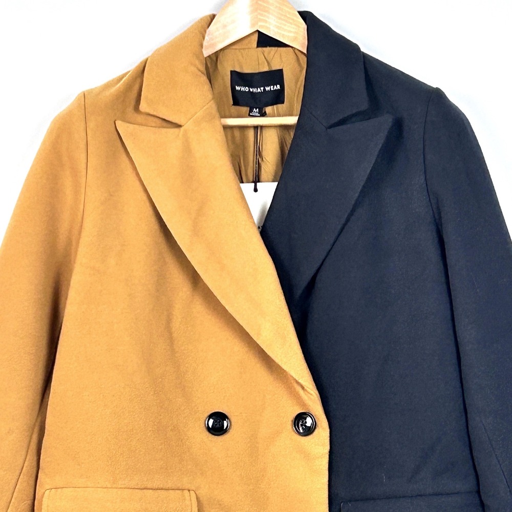 Who What Wear Double Breasted Coat Womens M Two Tone Office Chic Camel Black NWT - Picture 4 of 10